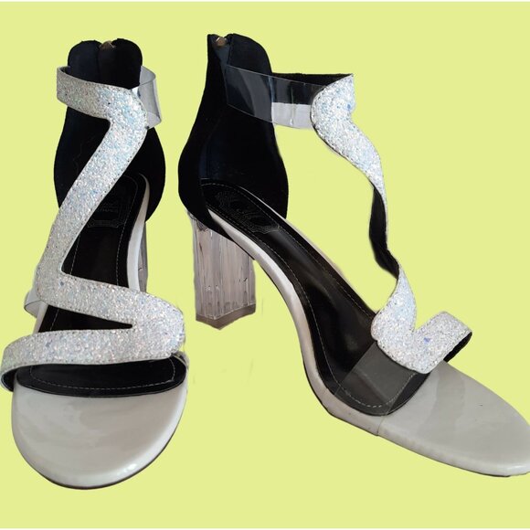 Y2K White Glitter Sparkly Clear Heels Sandals US Sz 8 Ankle Strap Party Cocktail - Picture 2 of 11